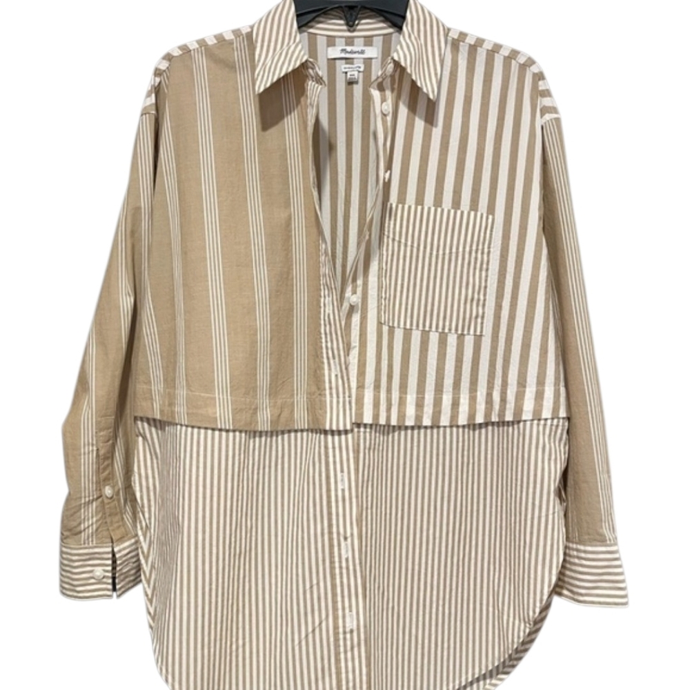 Madewell Tan White 2 in 1 Oversized Striped 100% Cotton Shirt Size S - Picture 7 of 15